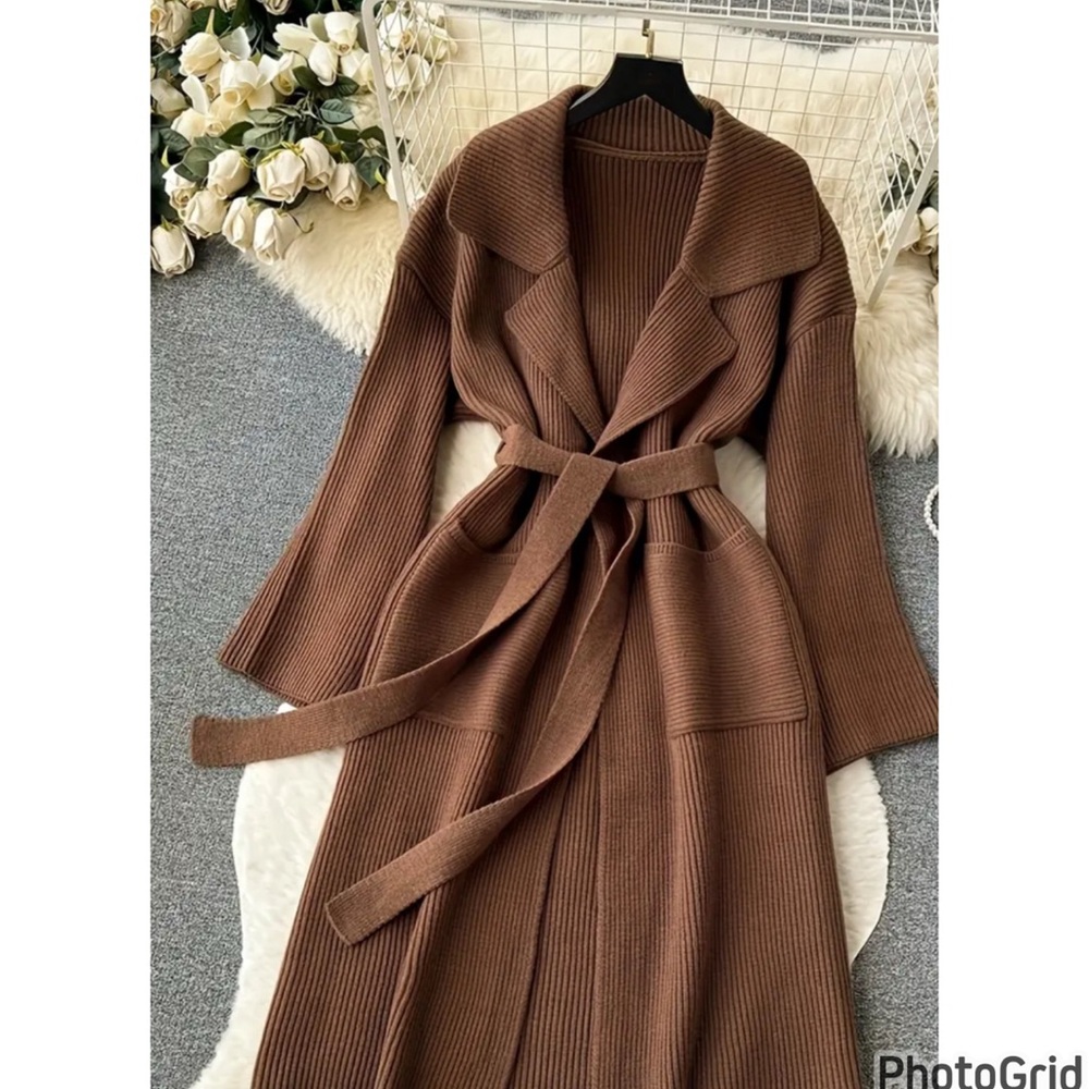 Brown Ribbed Knit Belted Cardigan NWOT